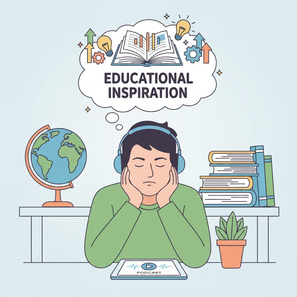 An individual focused on listening to a podcast about educational inspiration. A person listening to a podcast that features stories of inspiring teachers.