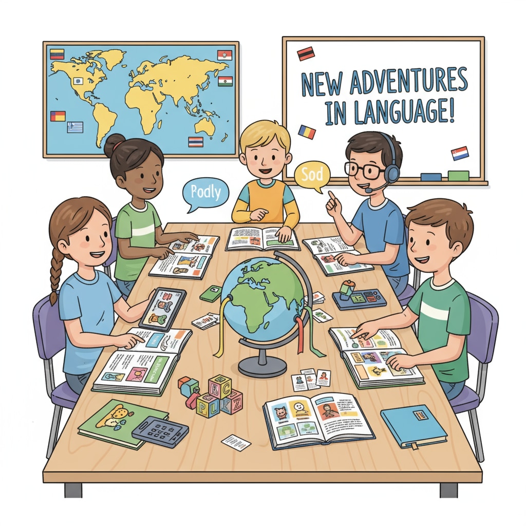A group of K12 students are sitting around a table, looking at language books and using language learning tools. They are engaged in an activity to learn a new language, which showcases the practical aspect of language learning in the K12 setting. K12 students engaged in language learning activity, highlighting the connection between language learning, knowledge value, and cultural horizons