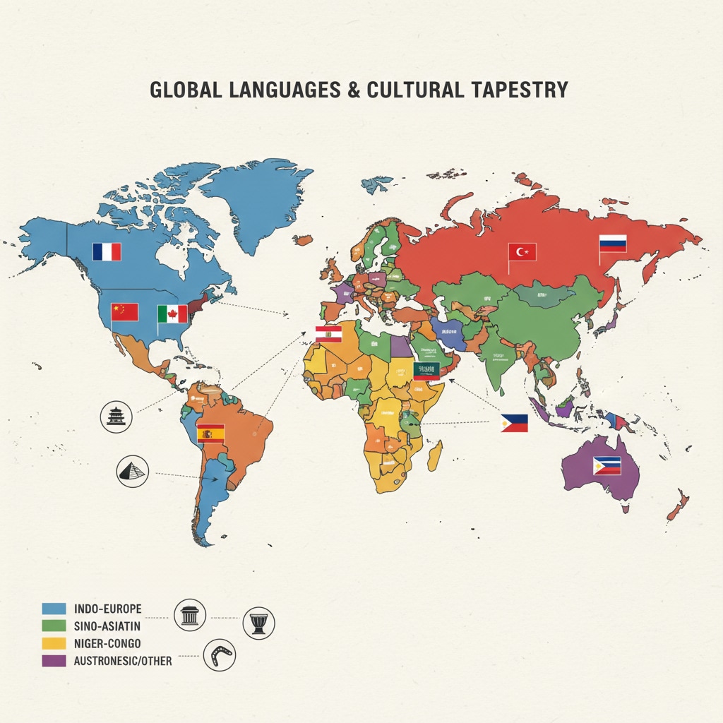 A world map is presented with different colors representing the major languages spoken in various regions. Flags of different countries are also scattered across the map, indicating the global spread of languages and the cultural diversity associated with them. World map showing languages and countries, emphasizing the role of language in connecting to different cultures and expanding cultural horizons in K12 language learning