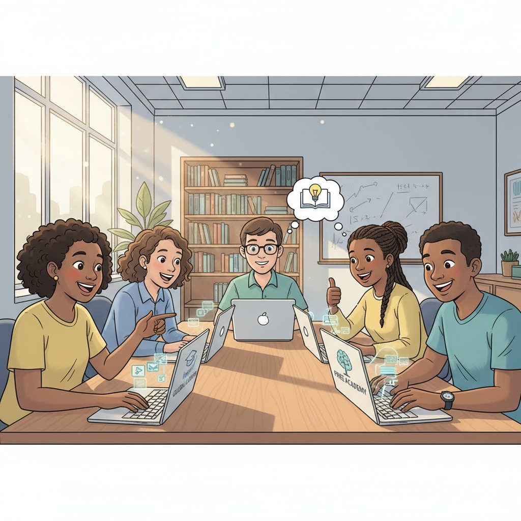 A group of students is seen smiling while using their laptops to access free learning platforms, indicating their enthusiasm for learning. Students accessing free learning platforms via laptops