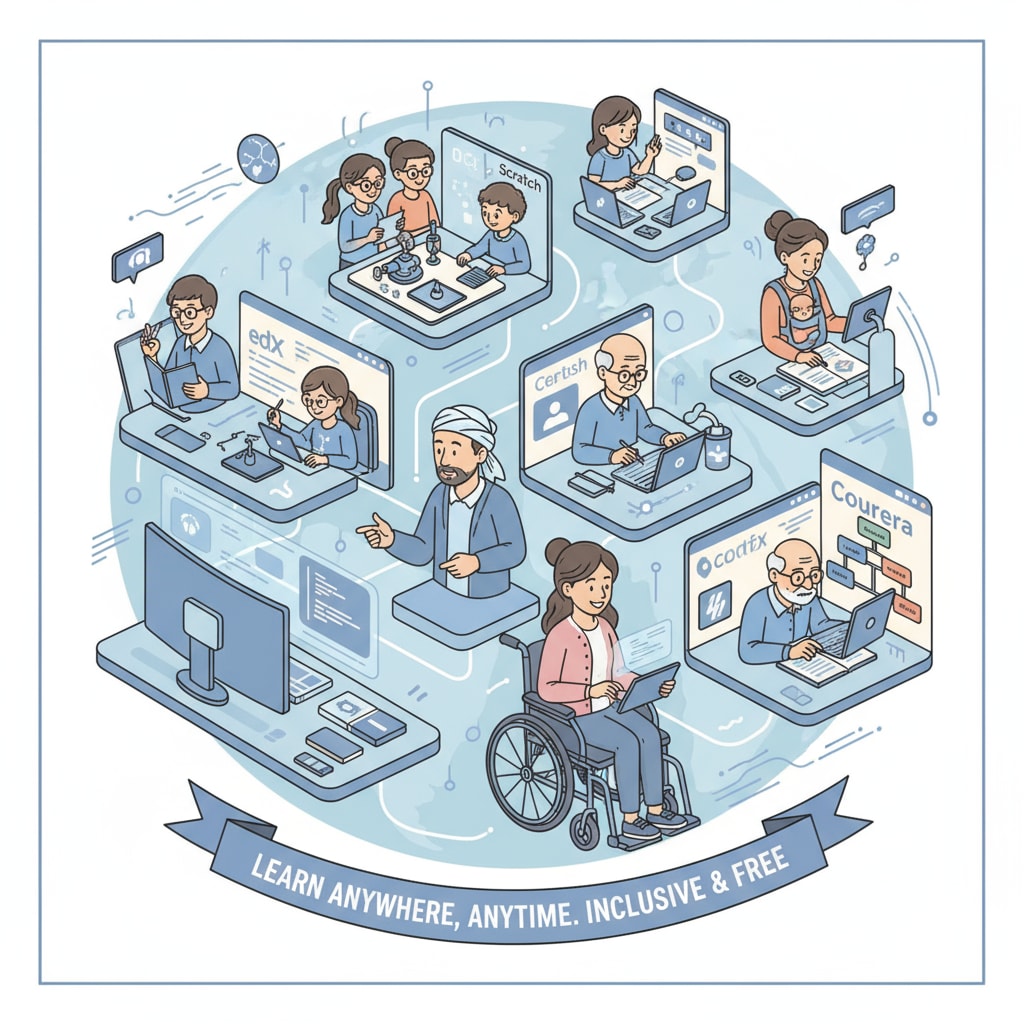 A diverse group of people from different ages and backgrounds are shown actively engaged in learning on various free platforms, highlighting the inclusivity. Diverse individuals learning on free platforms