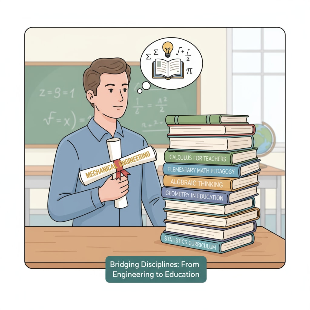 A person with a mechanical engineering degree is looking at a stack of math education books, showing their interest in transitioning to math education. A mechanical engineer exploring math education resources during career transition