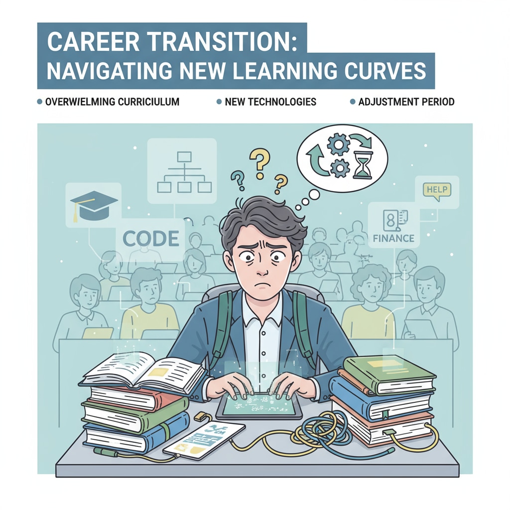 A person is shown looking a bit confused and overwhelmed as they try to adapt to the new educational environment during their career transition. Challenges faced during the career transition from engineering to math education