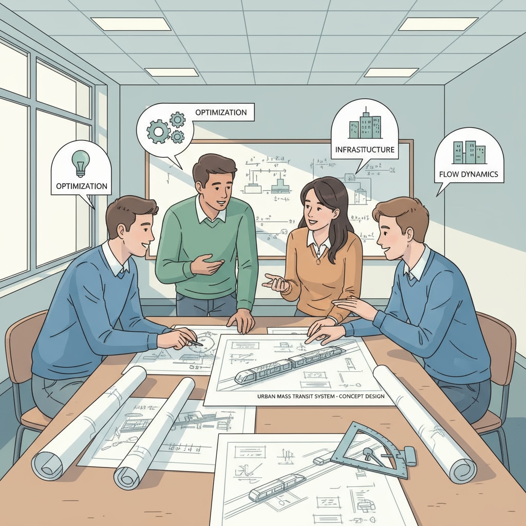 A group of mechanical engineering students are engaged in a discussion about designing a transportation system, with sketches and blueprints on the table. Mechanical engineering students discussing transportation system design as part of master's programs