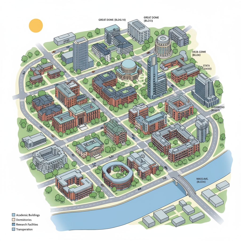 An aerial view of the MIT campus showing various buildings and transportation infrastructure like roads and pathways. Aerial view of MIT campus with transportation infrastructure relevant to transportation and rail master's programs