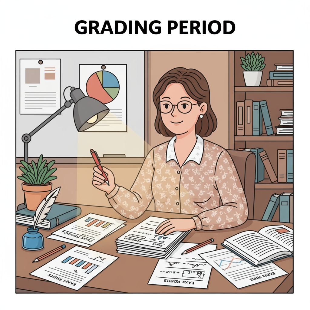 A teacher is sitting at a desk, grading exam reports. There are papers and pens on the desk. A teacher grading exam reports related to academic writing