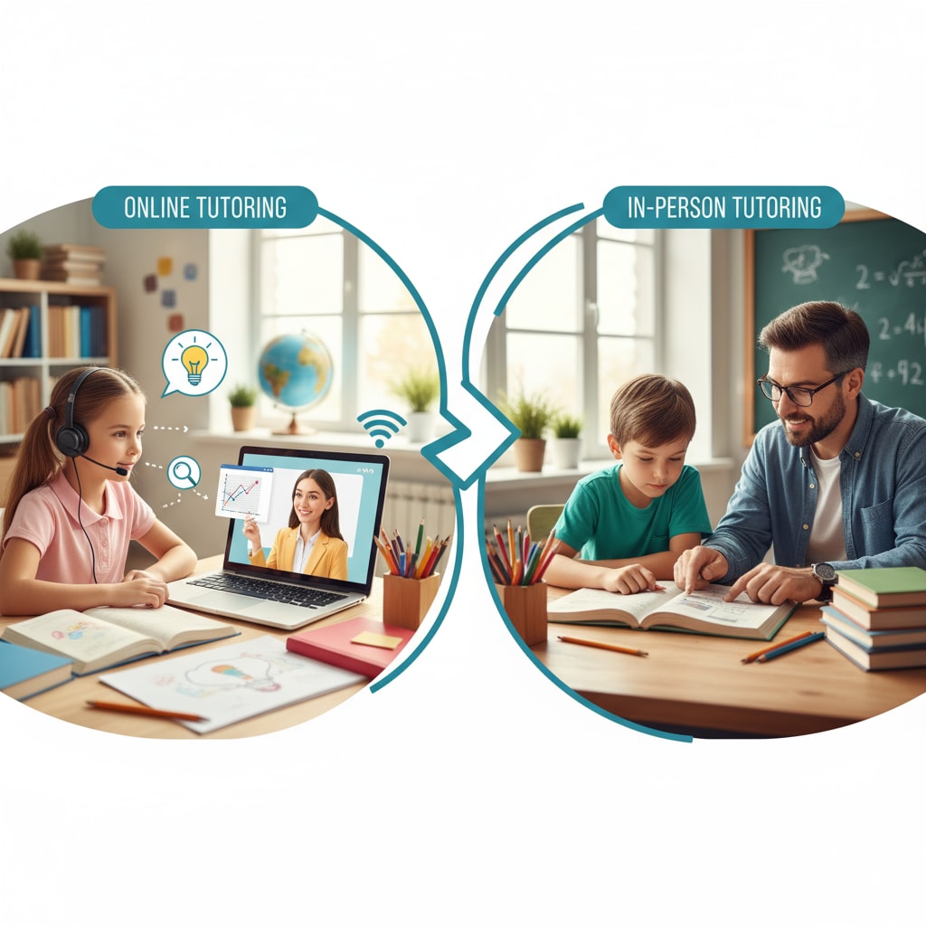 A scene showing two children, one is studying with an online tutor through a laptop, while the other is having an in-person tutoring session at a table. This represents the contrast between online and offline tutoring. Comparison of online and offline tutoring with children studying