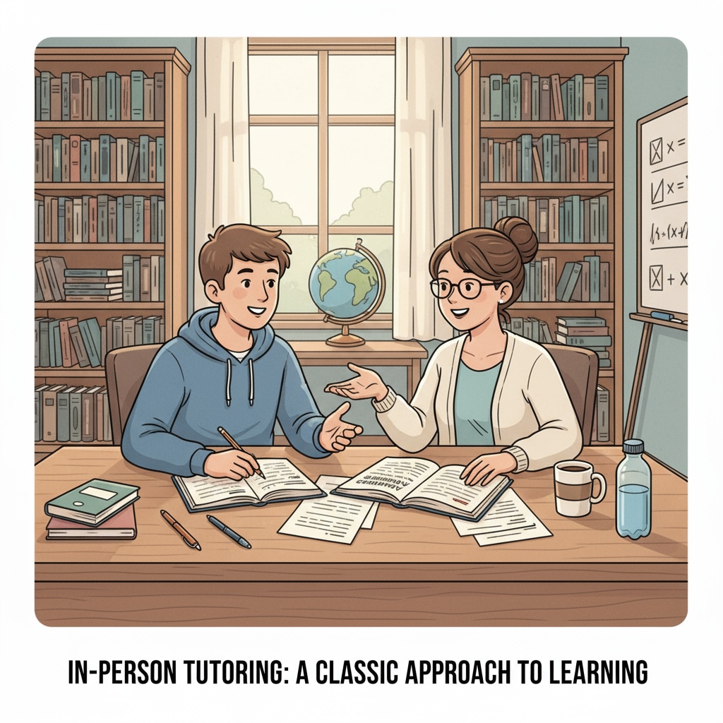 A student and a tutor are sitting at a table in a quiet study room, engaged in an in-person tutoring session. This depicts the traditional offline tutoring setup. Student and tutor in an offline tutoring session