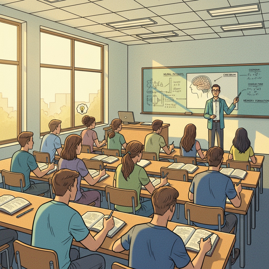 In a bright classroom, students are sitting upright, looking attentively at the professor and taking notes during a morning lecture. Students in a morning class focusing on the lecture