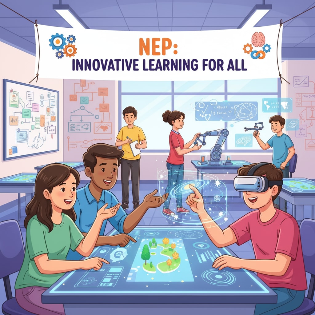 A group of students is actively involved in an educational activity that showcases the innovative teaching methods promoted by the NEP. They are collaborating, discussing, and exploring new ideas, demonstrating the positive impact of the policy on student engagement. Students participating in an educational activity under the influence of National Education Policy (NEP)