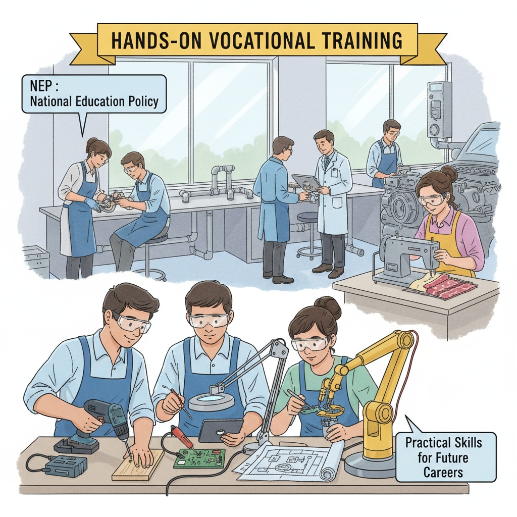 Students are seen engaging in hands-on vocational training, which is an important part of the NEP initiatives. They are learning practical skills that will prepare them for future careers, highlighting the policy's focus on practical education. Students involved in vocational training as per National Education Policy (NEP)