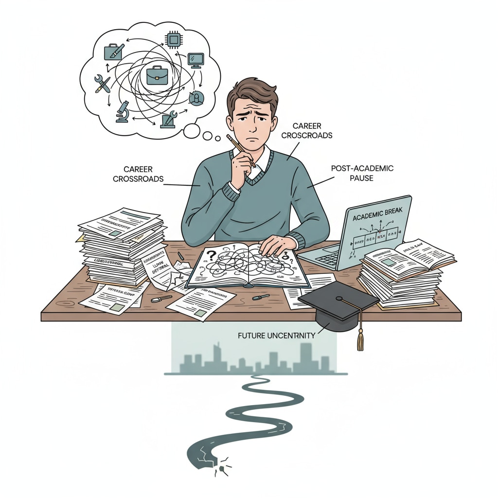 A young person sitting at a desk, looking confused with papers scattered around, representing career confusion after academic interruption A young person experiencing career confusion after academic interruption