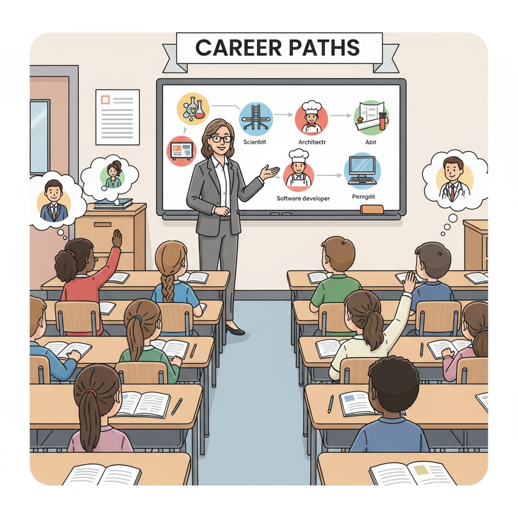 A classroom scene where students are listening attentively to a professional guest speaker, learning about different career options Students learning about career options in a K12 classroom