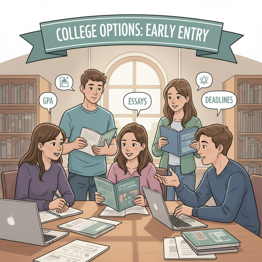 A group of high school students are gathered in a library, looking at college brochures and discussing their options for early entry into college. High school students exploring early college entry options in a library