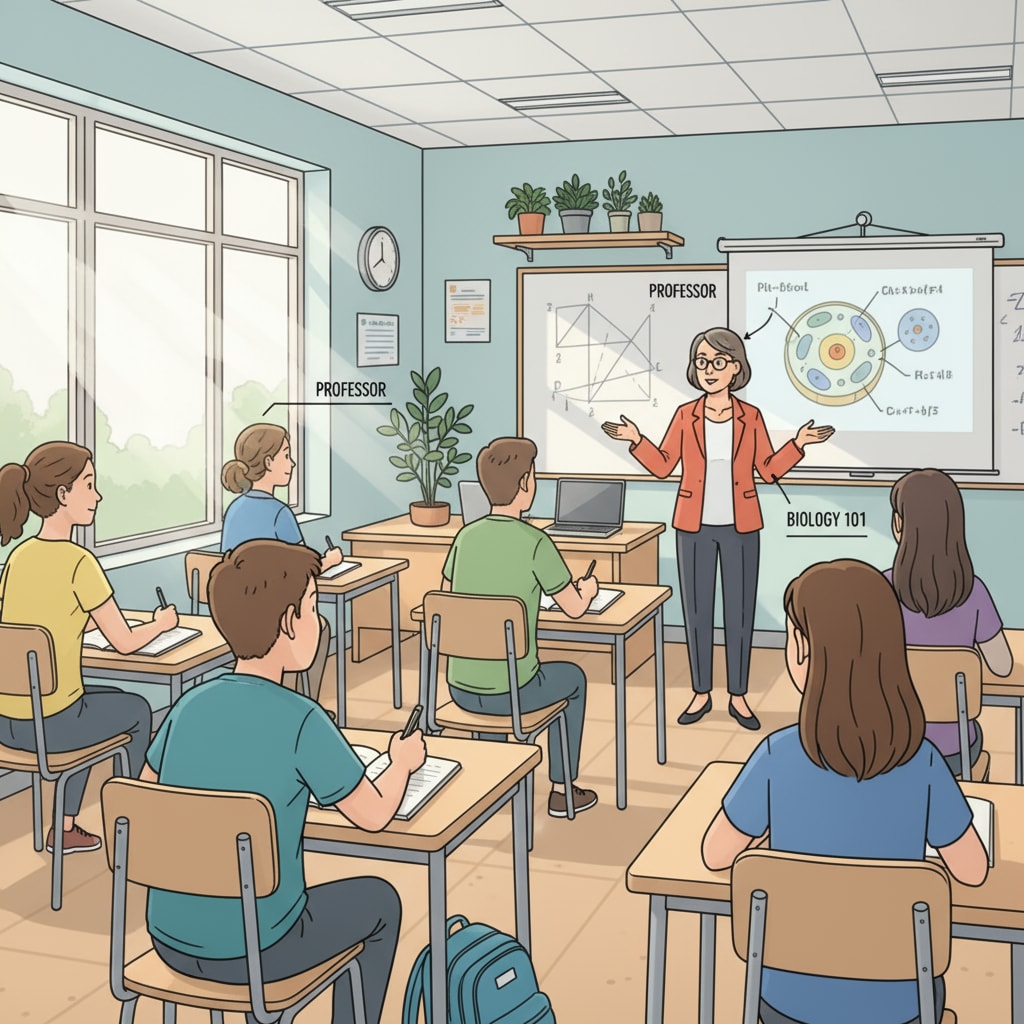 A high school student is sitting in a classroom at a local college, attentively listening to the professor during a dual credit class. High school student attending a dual credit class at a local college