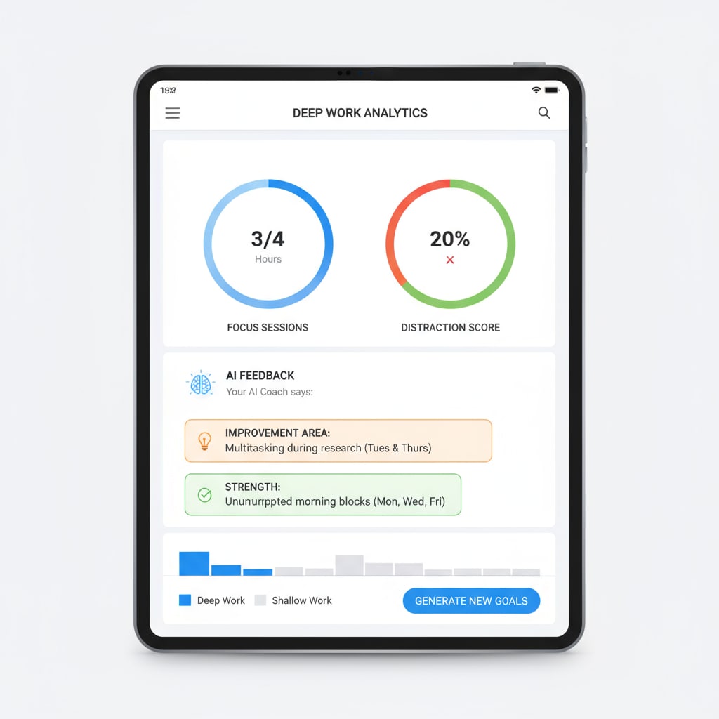 A screenshot of an educational app interface showing features related to deep work tracking and AI feedback, such as progress bars and highlighted areas for improvement. Screenshot of educational app with deep work tracking and AI feedback features