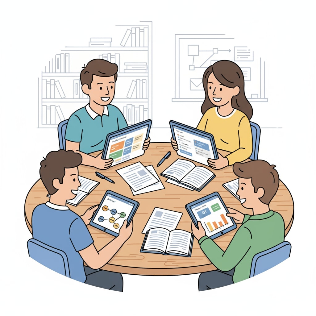 A group of students sitting around a table, using tablets with educational productivity apps open, showing various tasks and schedules. Students using educational productivity apps