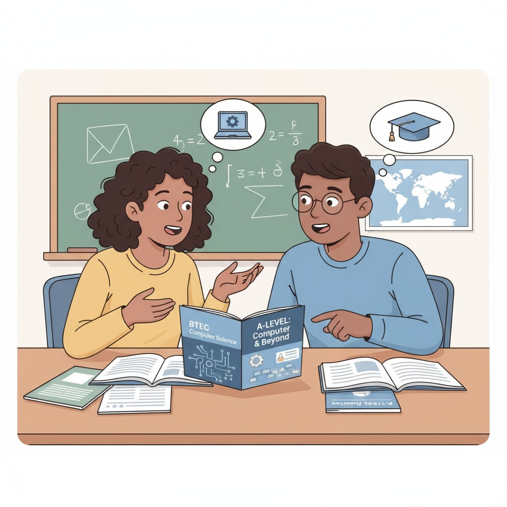 Students discussing choices between BTEC Computer Science and A-level for university applications and career planning