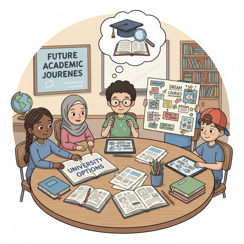 A group of K12 students are sitting around a table, discussing and writing down their ideas about future academic plans, with books and papers scattered on the table. K12 students discussing future academic plans related to university credit, incomplete degrees, arrears, and BA degrees