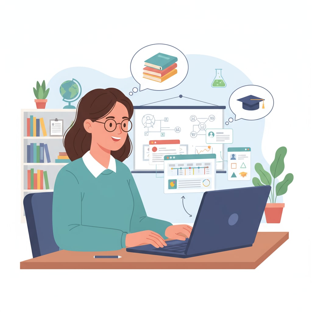 A teacher is sitting in front of a laptop, using digital educational tools to prepare for a lesson. A teacher using ELIBRAIN and other educational tools on a laptop for teaching preparation.