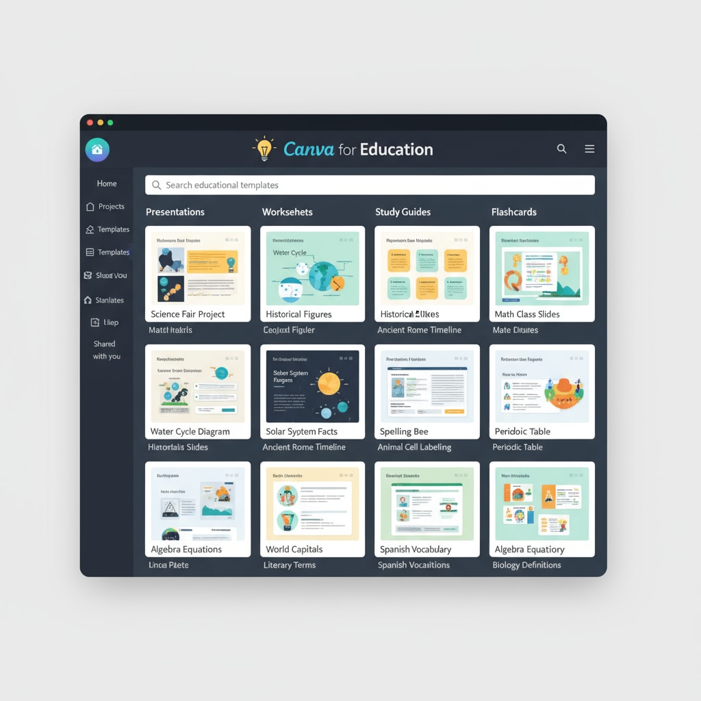 Canva interface with educational templates for creating K-12 educational resources.
