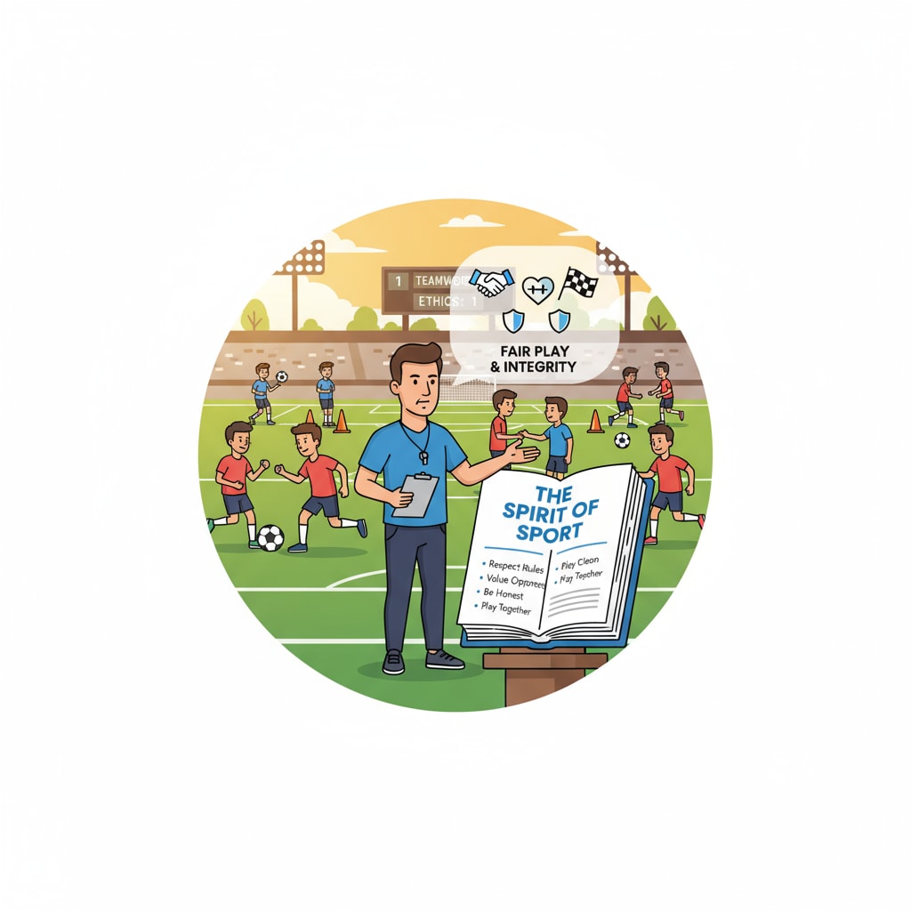 A sports team is engaged in a practice session. The coach is attentively watching over the players, emphasizing the importance of fair play and integrity in the sports environment. A sports team practicing under the watchful eye of a coach, related to AI cheating detection, academic integrity, and sports team regulations