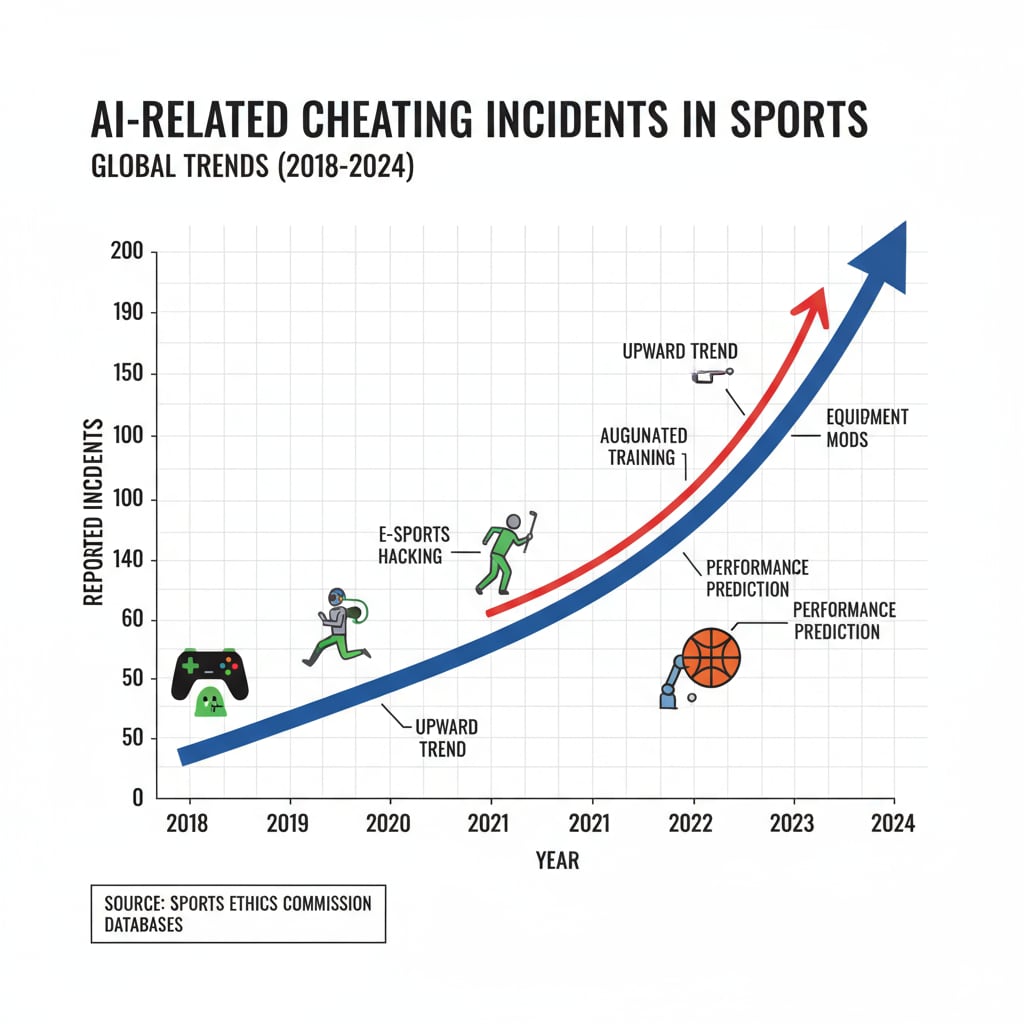 A graphical representation showing the upward trend of AI-related cheating incidents in the sports domain over a period of time. Graph showing the increasing trend of AI cheating in sports, associated with AI cheating detection, academic integrity, and sports team rules