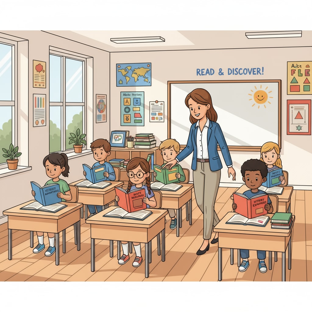 A group of children are sitting at desks in a classroom, each absorbed in reading a book. A teacher is walking around, offering guidance and encouragement. Children reading books in a classroom with teacher guidance related to scientific reading education