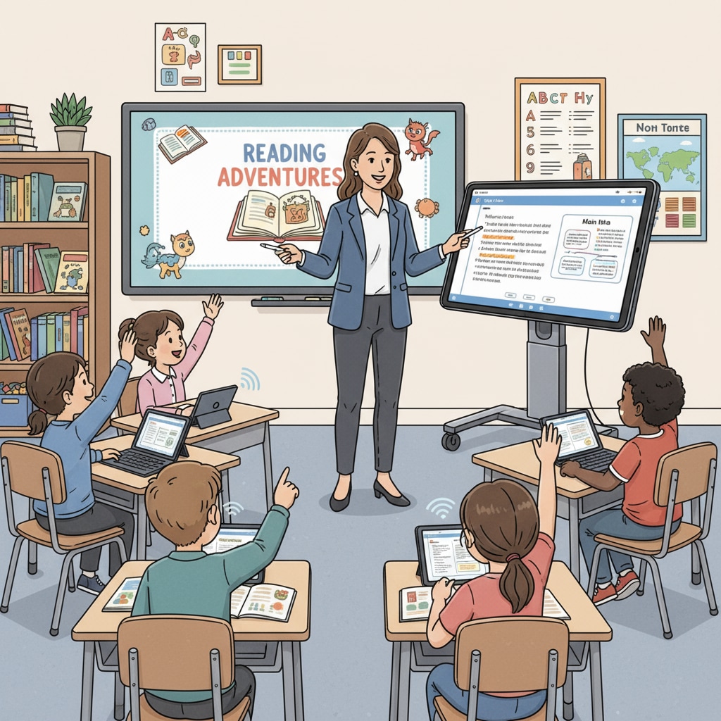 A teacher is standing in front of a whiteboard, using a modern teaching aid like an interactive tablet to explain reading concepts to students. The students are actively engaged, asking questions. Teacher explaining reading concepts with modern teaching aid in scientific reading education