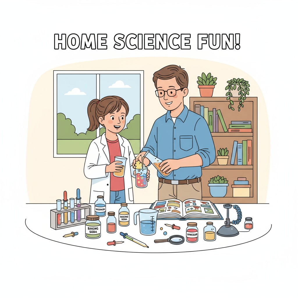 A child and parent are working together on a simple science experiment at home, with various materials laid out on the table. A child and parent conducting a family science experiment, a DIY activity promoting science education.