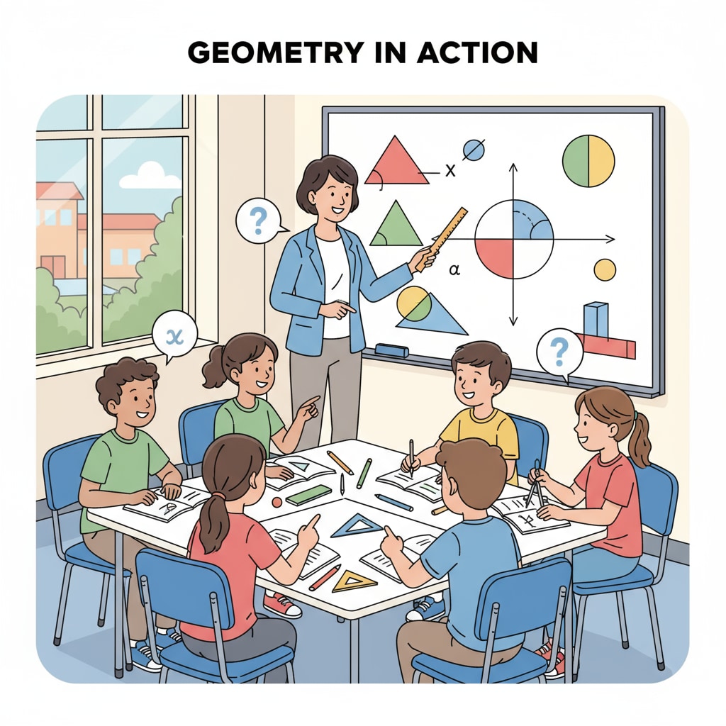 A classroom scene where students are engaged in geometry discussions, with a teacher guiding the conversation and students actively participating. American high school geometry classroom discussion scene