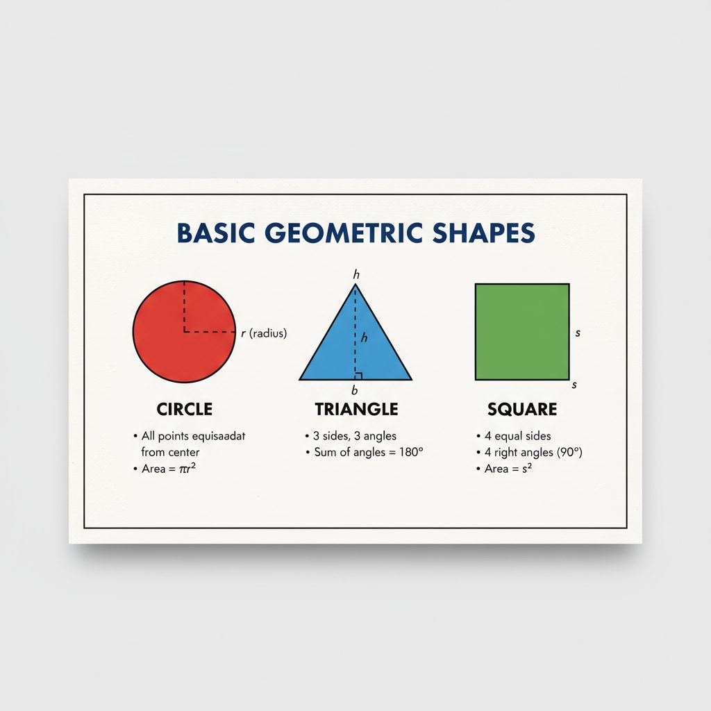 A visual representation of basic geometric shapes such as circles, triangles, and squares, labeled with their names and basic properties. Visual of basic geometric shapes for American high school geometry