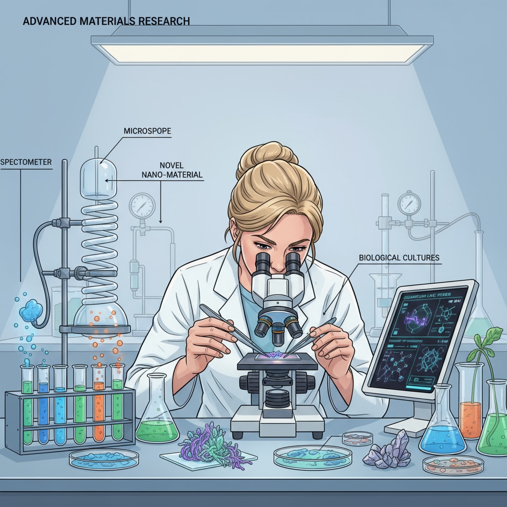 A scientist is carefully examining a new type of material under a microscope, with scientific instruments and specimens around. A scientist researching a new material in the context of high school chemistry research project topic selection