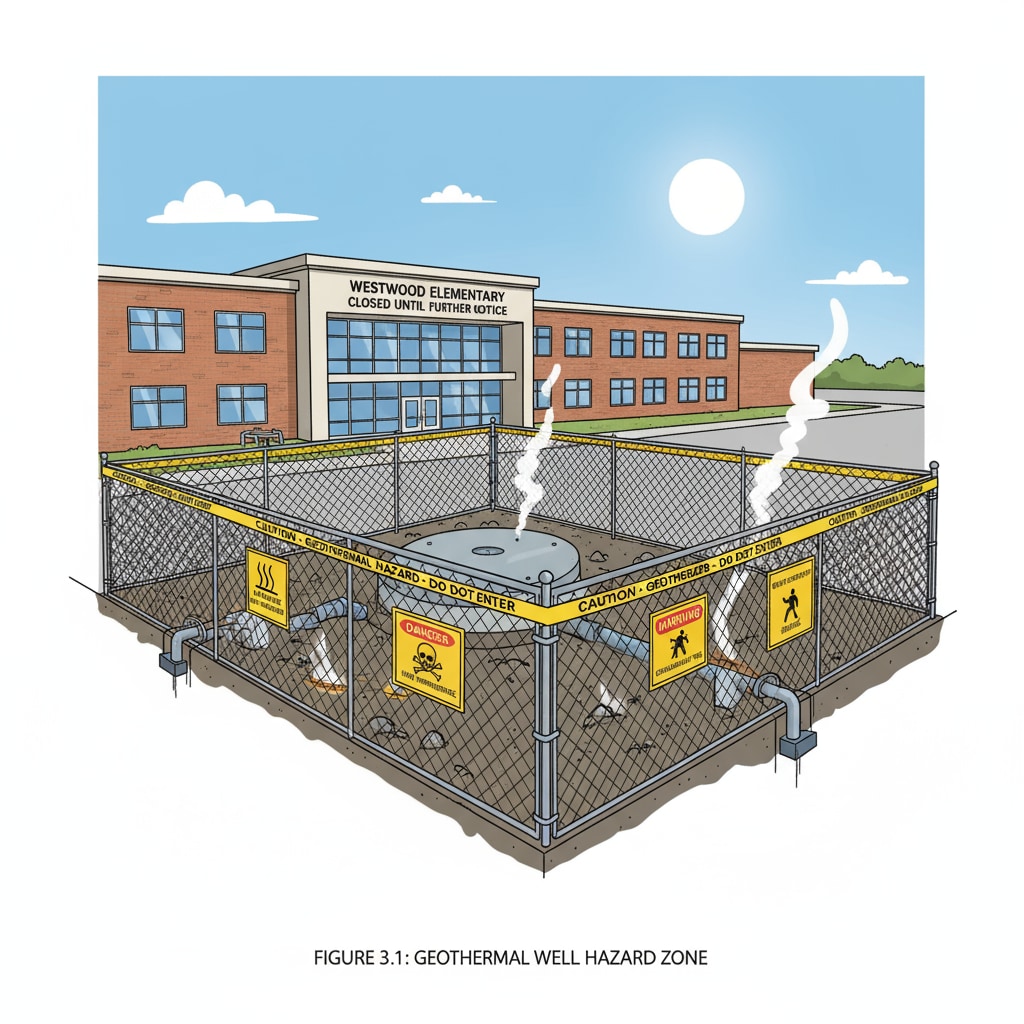 A view of the closed school with caution signs around the geothermal well area. There are yellow caution tapes and signs warning people about the potential danger. Methane leak from geothermal well forces school closure - view of the closed school