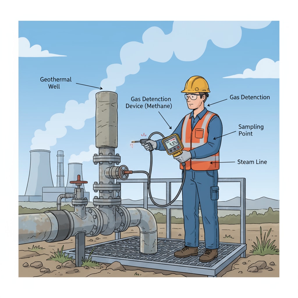 A worker using a gas detection device near the geothermal well. The worker is carefully operating the device to measure methane concentration. Worker detecting methane near geothermal well during school closure due to methane leak