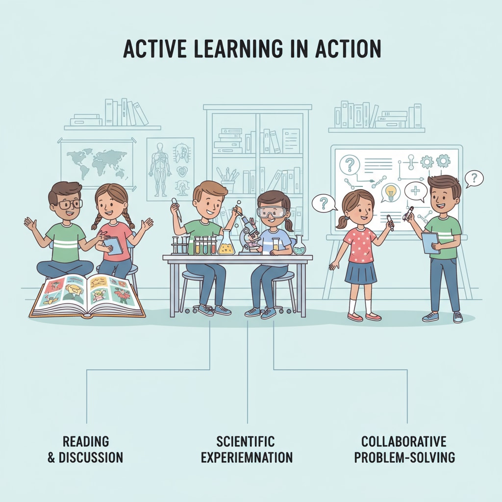 A group of K12 students are actively engaged in various learning activities, such as reading books, discussing ideas, and conducting experiments. K12 students engaged in learning activities related to lifelong learning, ancient wisdom, and career growth