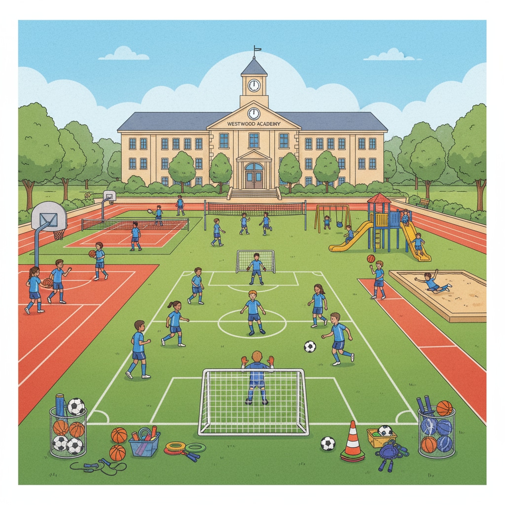 A scene of students playing various sports on a large, well - maintained school playground, with different sports equipment visible. This shows the importance and attractiveness of sports facilities in schools. Students enjoying sports on school facilities related to school choice, sports facilities, enrollment competition, and public and charter schools