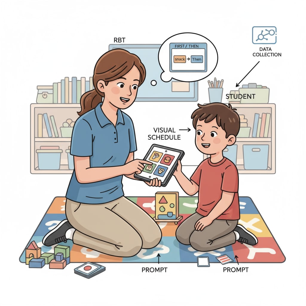 An RBT is working with a student, using specific teaching techniques to address the student's needs, highlighting the practical aspect of RBT experience. RBT applying teaching techniques while working with a student, relevant to special education summer jobs and teaching experience