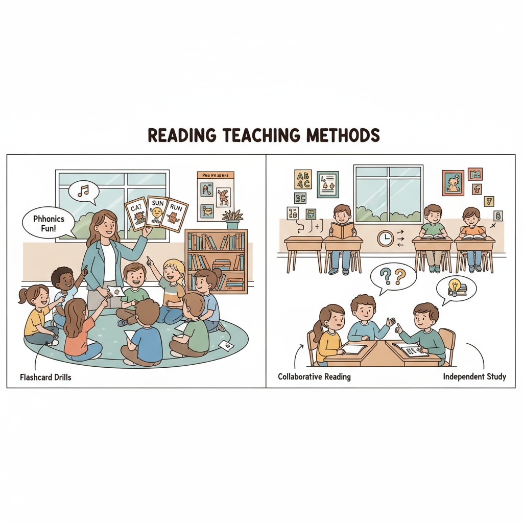 An illustration of different reading teaching methods in a classroom related to school-to-prison pipeline, reading teaching methods, and education policies