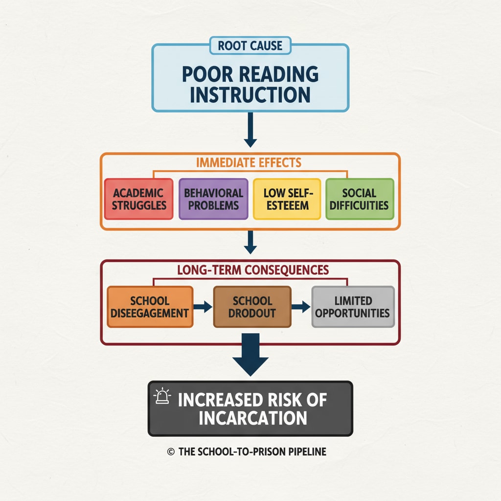 A diagram depicting the connection between poor reading instruction and the school-to-prison pipeline relevant to school-to-prison pipeline, reading teaching methods, and education policies