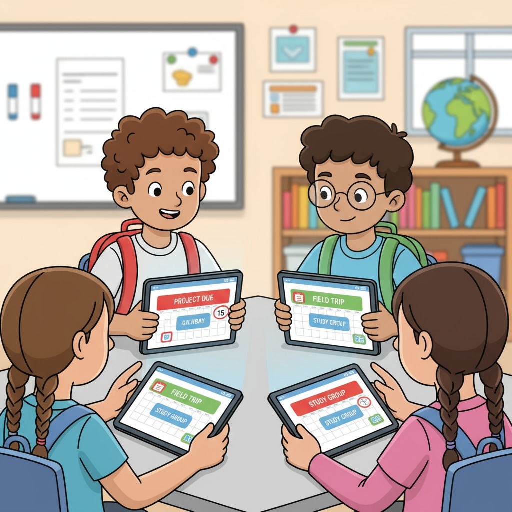 A group of K12 students are gathered around, looking at digital devices where calendar apps are clearly visible on the screens. K12 students using free calendar apps to boost organizational skills