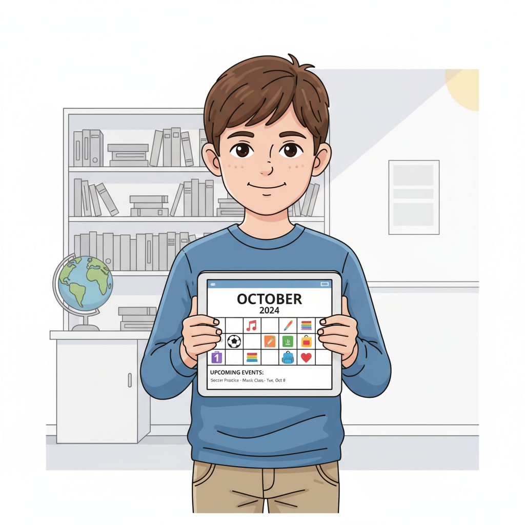 A young student is holding a tablet, and the screen shows a simple calendar app with colorful icons representing different activities. Young student using a free calendar app for organization