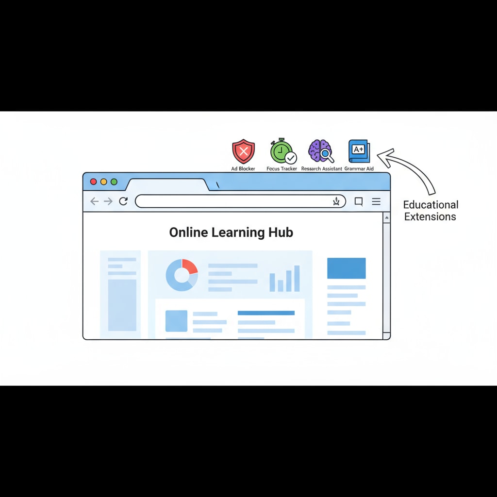 A screenshot displays a browser interface with multiple educational extensions, such as ad blockers and focus trackers, clearly visible. Browser extensions for enhancing attention in online learning