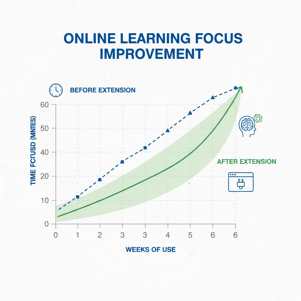 A line graph depicts the increase in the amount of time students can stay focused during online learning before and after using a browser extension. Graph showing the impact of browser extensions on attention maintenance