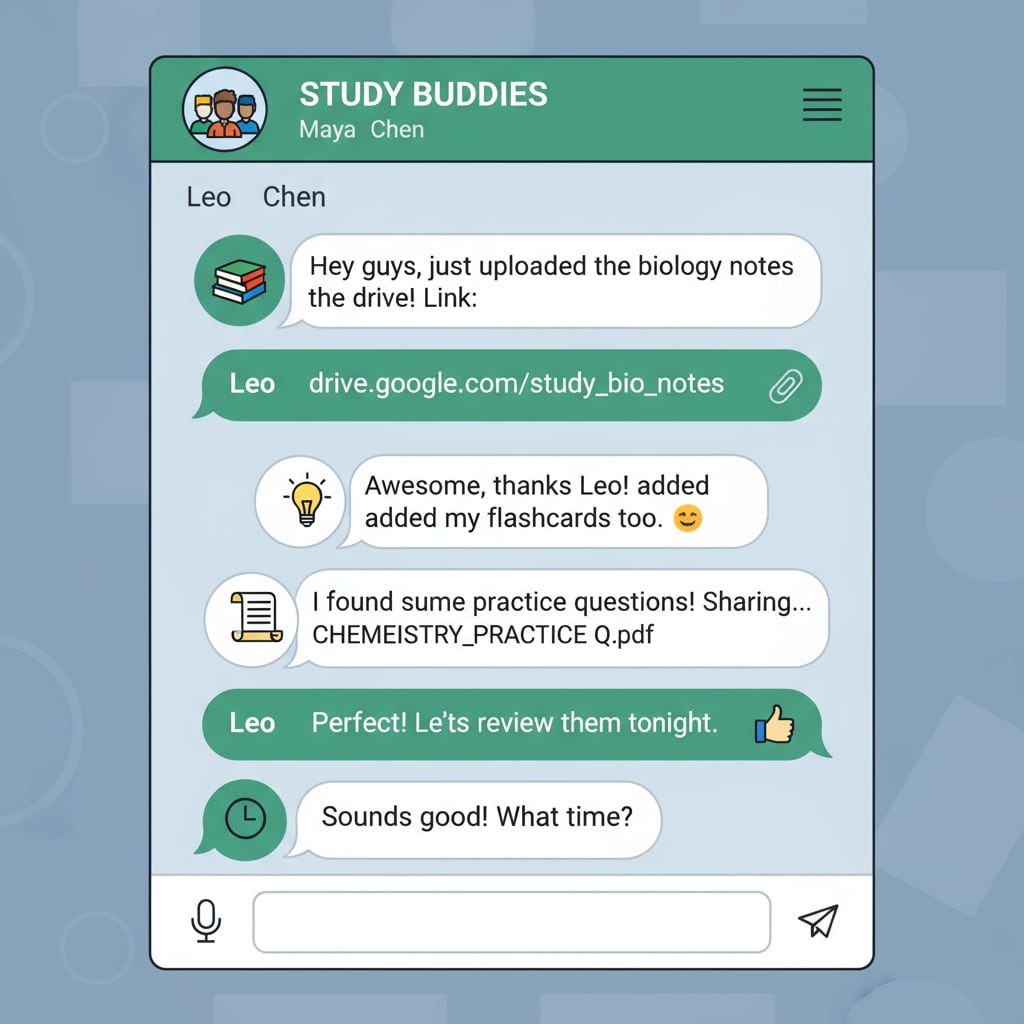 A WhatsApp chat screenshot showing students sharing study resources WhatsApp study group sharing resources for K12 students