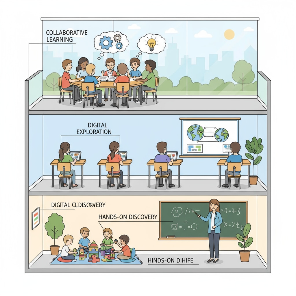 Multilevel group classroom with students involved in differentiated learning