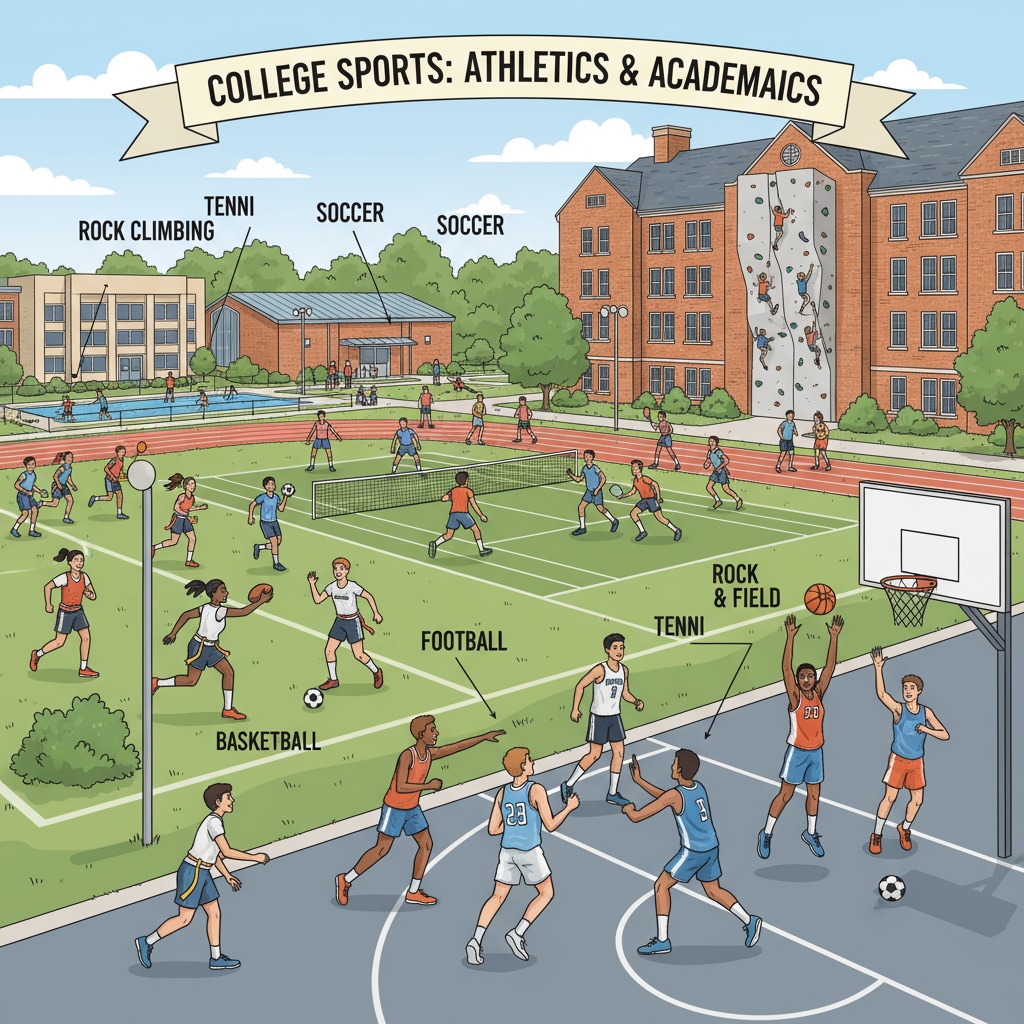 Students are actively engaged in various sports activities on the college campus, demonstrating the dynamic sports environment in US colleges. College athletes participating in sports activities related to college admissions and academic requirements