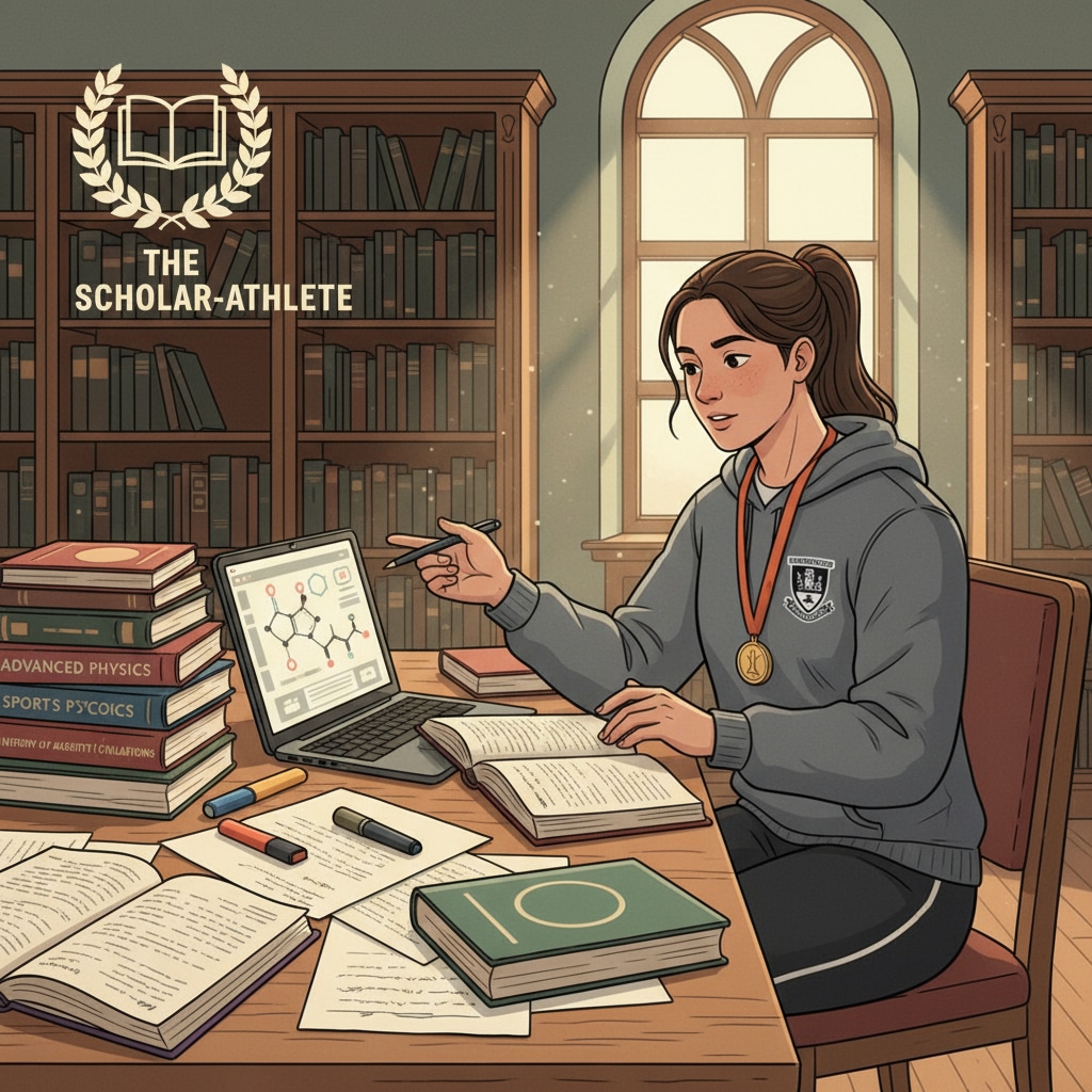 A student athlete is sitting at a table in the library, surrounded by books and study materials, highlighting the academic side of being a student athlete. Student athlete studying in the library, relevant to college admissions and academic requirements