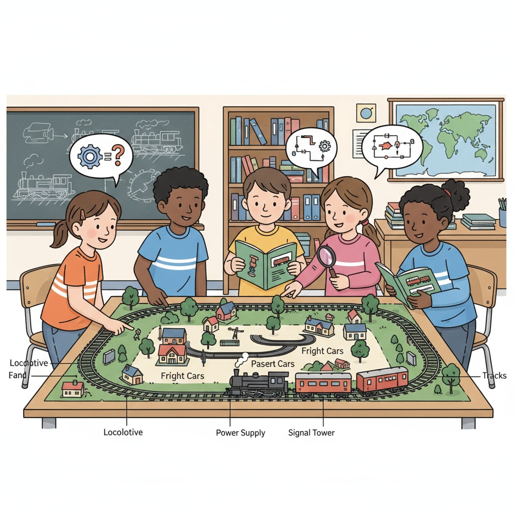 A group of students are gathered around a model train set in a classroom, observing and discussing its components. Students observing a model train set related to transportation, railway, mechanical engineering, and potential master's programs