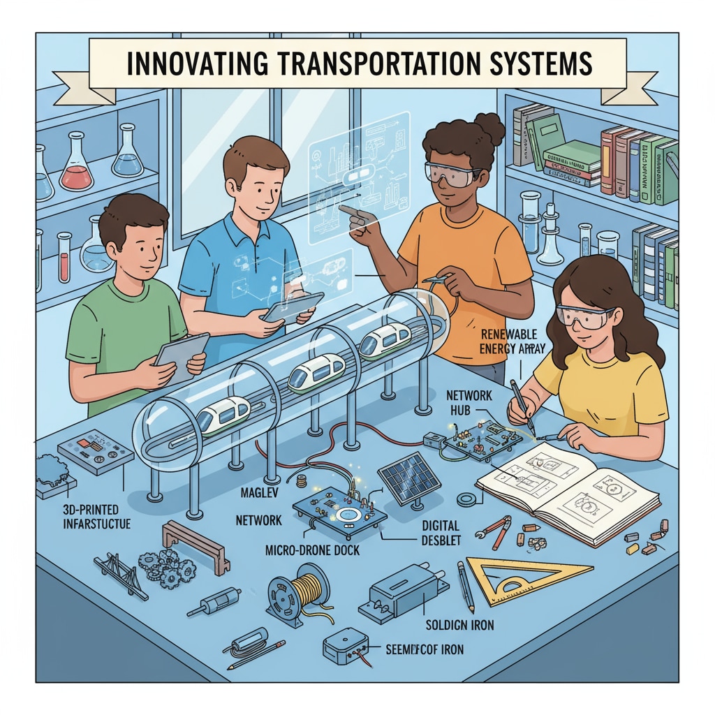 Students are actively engaged in constructing a model of a transportation system in a laboratory setting, with various tools and materials around them. Students working on a transportation system model relevant to transportation, railway, mechanical engineering, and master's programs